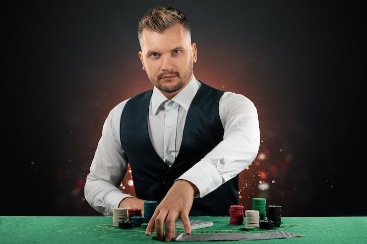 Live blackjack table with dealer and multiple player seats
